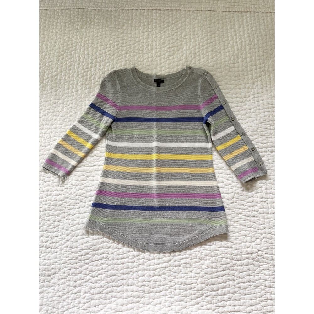 Talbots Petite Striped Sweater Women P Gray Button Shoulder 3/4 Sleeve Top